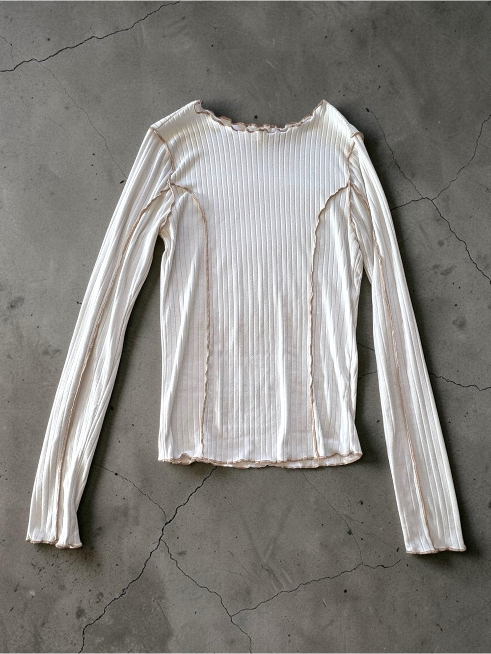 Gilded Intent Contrast Trim Mock Neck Ribbed Long-Sleeve Tee - Ivory Sz S - Picture 3 of 11